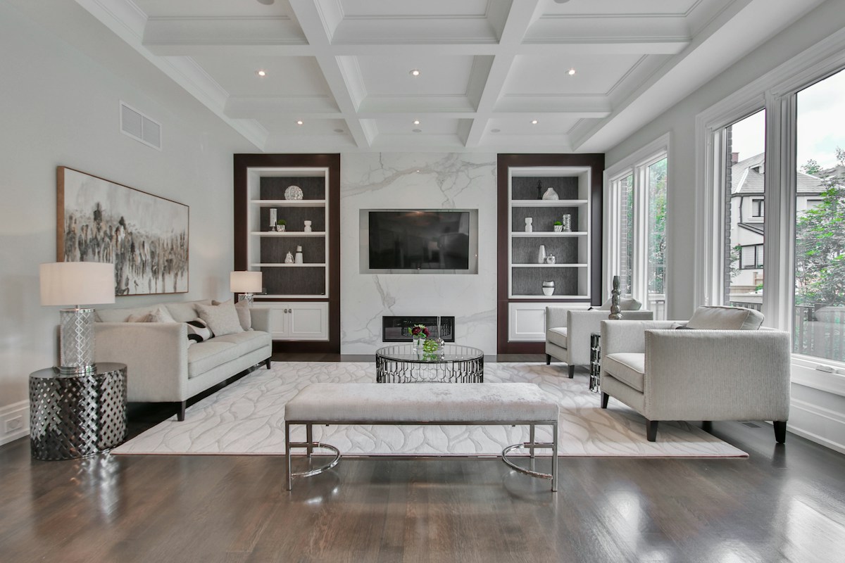 Contemporary living room with geometric wallpaper